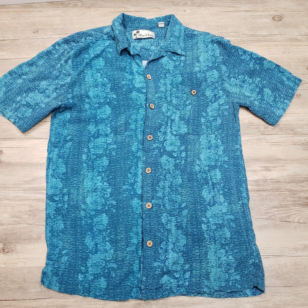 Oliver & Burke Hawaiian Shirt Large Men Blue Floral Print Button Up Short Sleeve